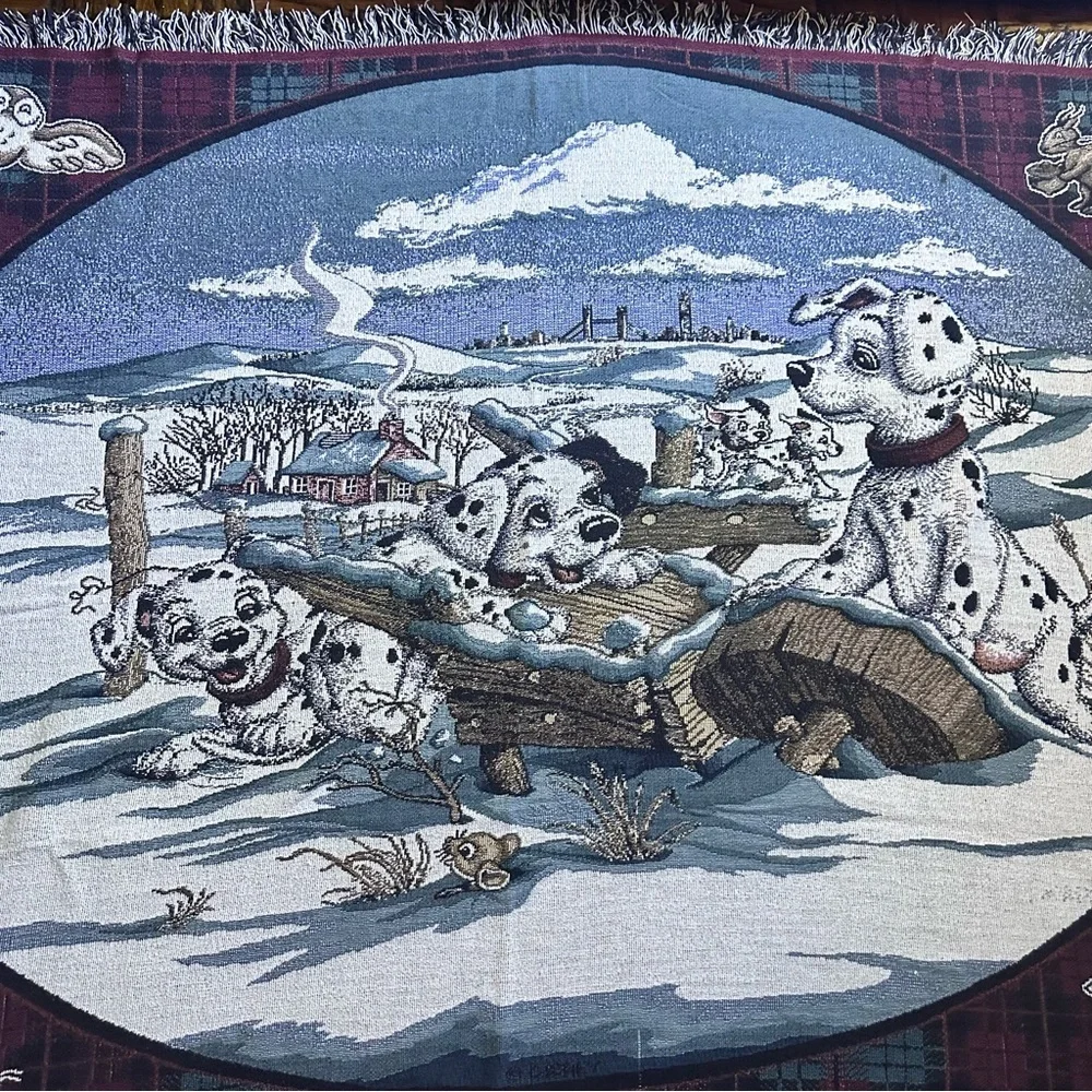 Disney Dalmatian Winter Scene Quilt - Black, White, Blue size 67” x 50”